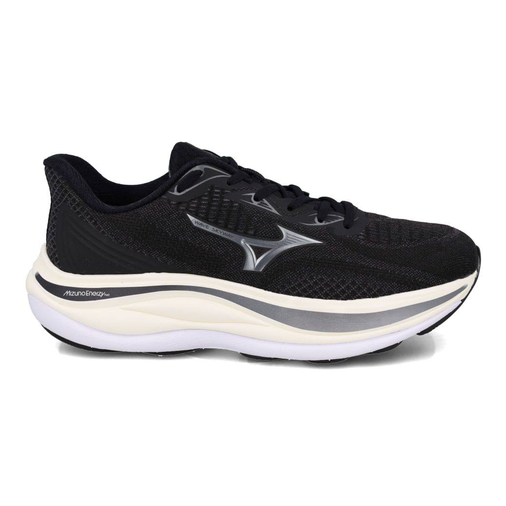 Tênis Mizuno Wave Skyway Masculino Preto vista frontal com detalhes em cinza e branco, fechamento em cadarço
